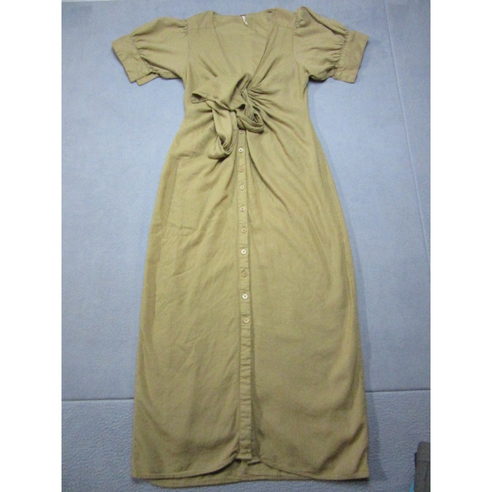 Free People Dress Womens Medium Green Maxi Button Front Tie Waist Short Sleeve